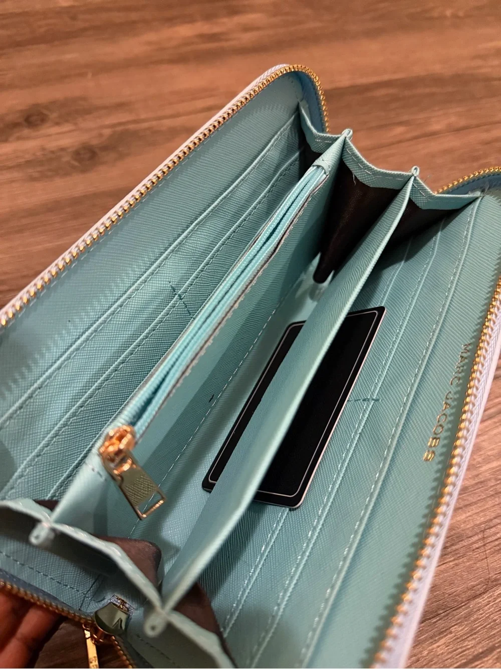 Marc Jacobs Light Blue Pebbled Leather Zip Wallet with Signature Logo